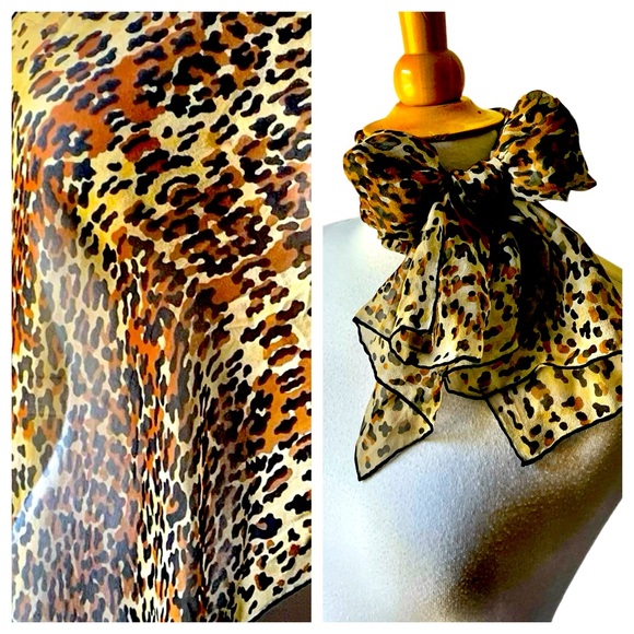 Vintage Animal Leopard Print Mob Wife Rectangular Silk Scarf Hand Rolled Hem - Picture 1 of 9